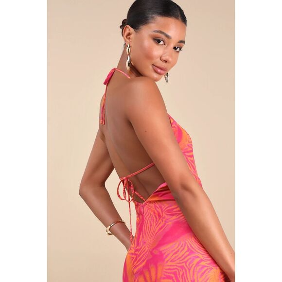 Lulus Camadi Hot Pink Animal Print Mesh Backless Midi Dress Size M NWT - Picture 4 of 9